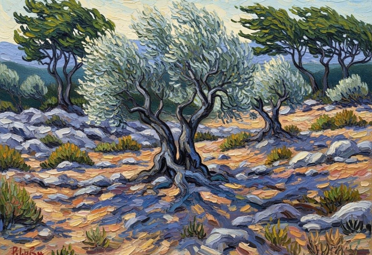 Rocky Provence Landscape with Wind-Swept Olive Trees