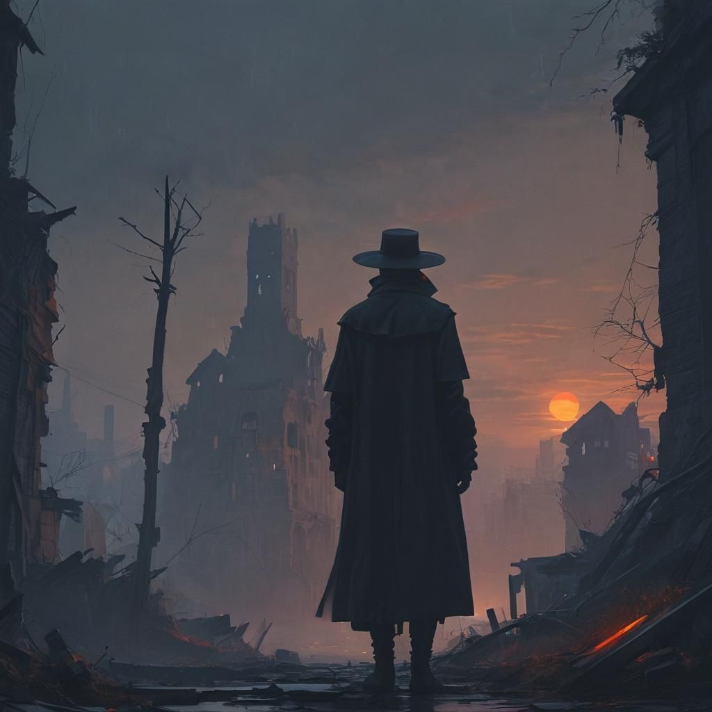 Mysterious Figure in Ruined Cityscape: Dark Fantasy Art