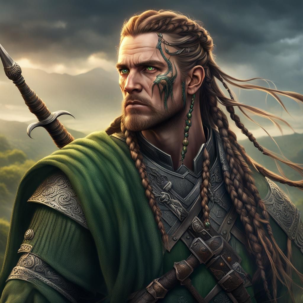 green-eyed Scottish laird warrior with braids in his long ha...