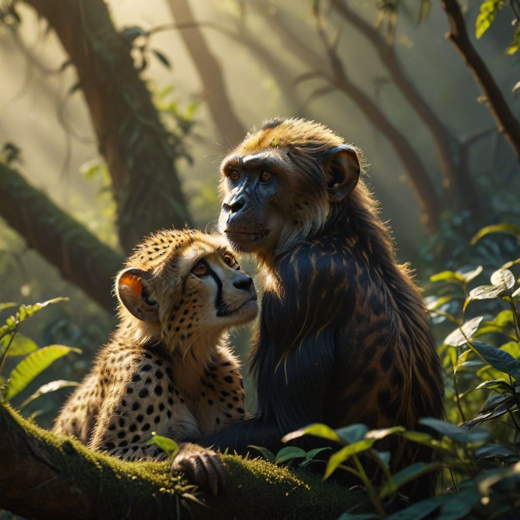 Cheetah and Chimpanzee Share a Moment
