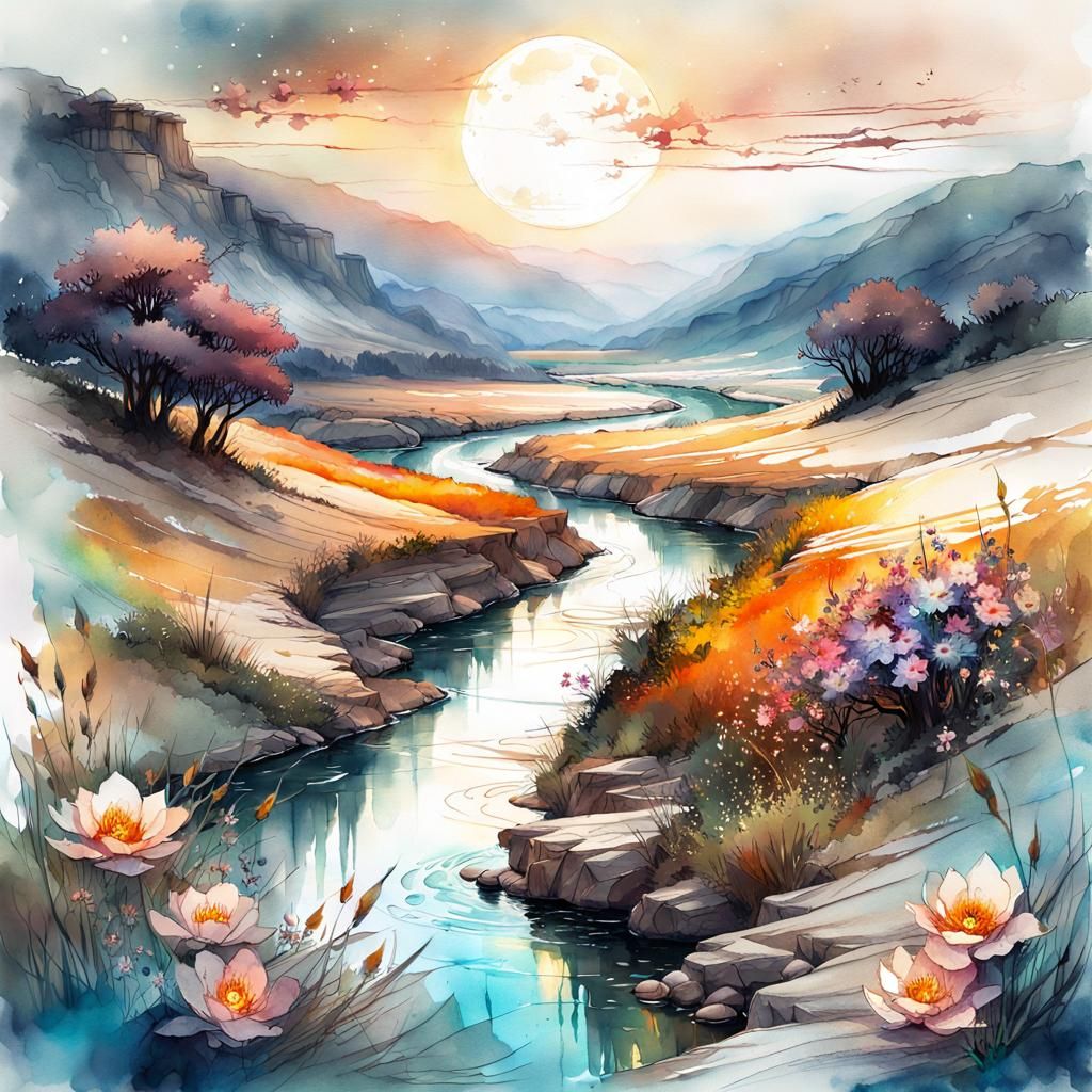Fantasy River at Night in Digital Watercolor