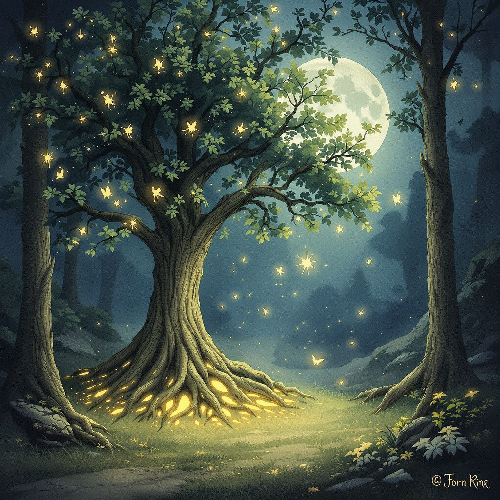 Enchanted Forest Clearing with Glowing Tree and Sprites