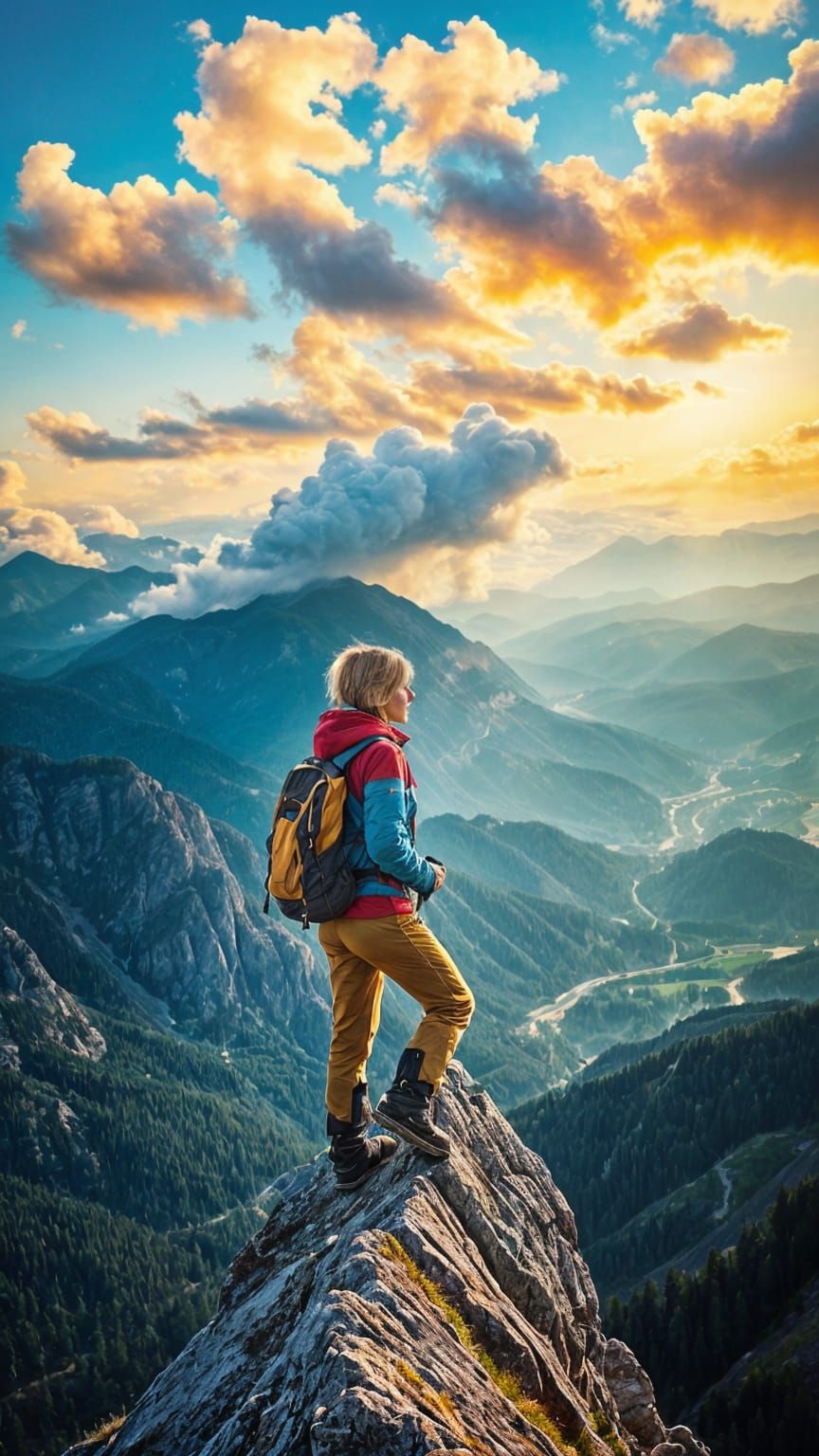 Blonde Hiker Surveys Vast Swiss Alps in Dramatic Oil Paintin...