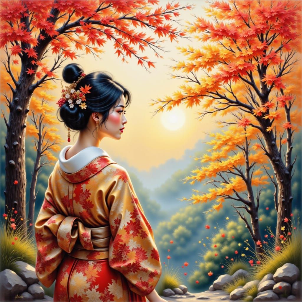 Woman in Kimono Gazes at Autumn Forest Watercolor