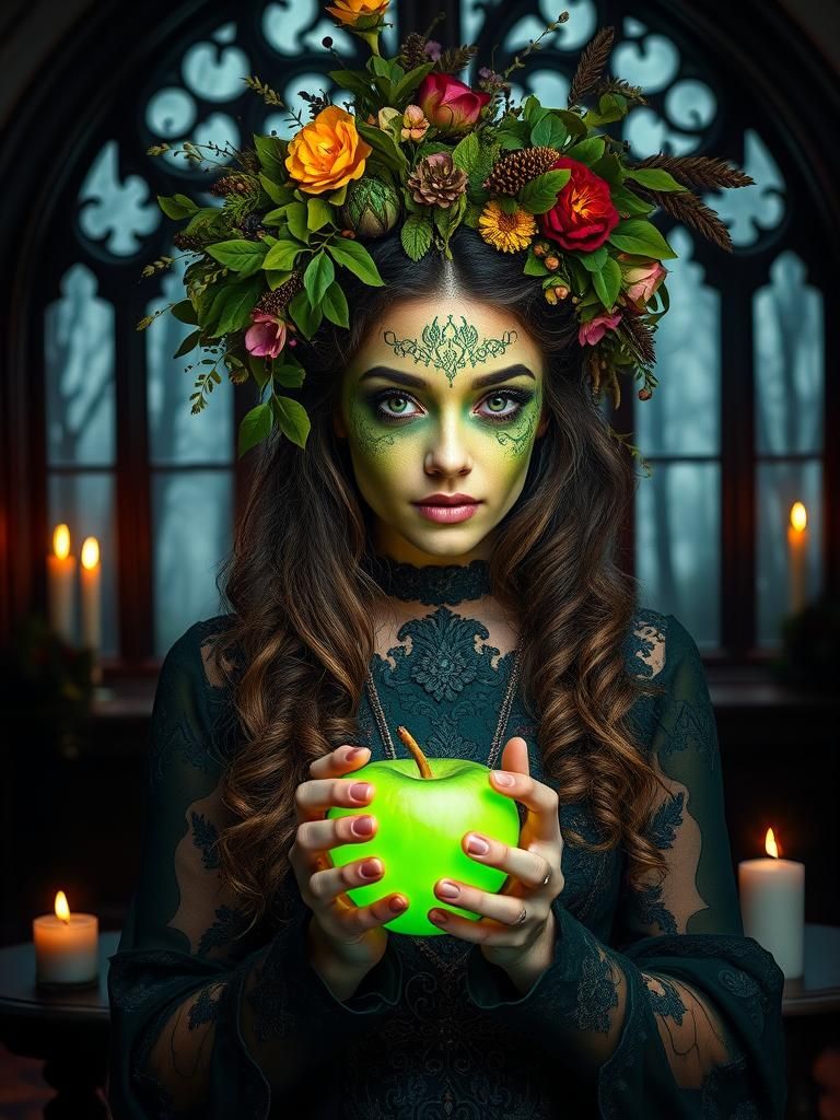 Nature Goddess in Gothic Setting with Glowing Apple