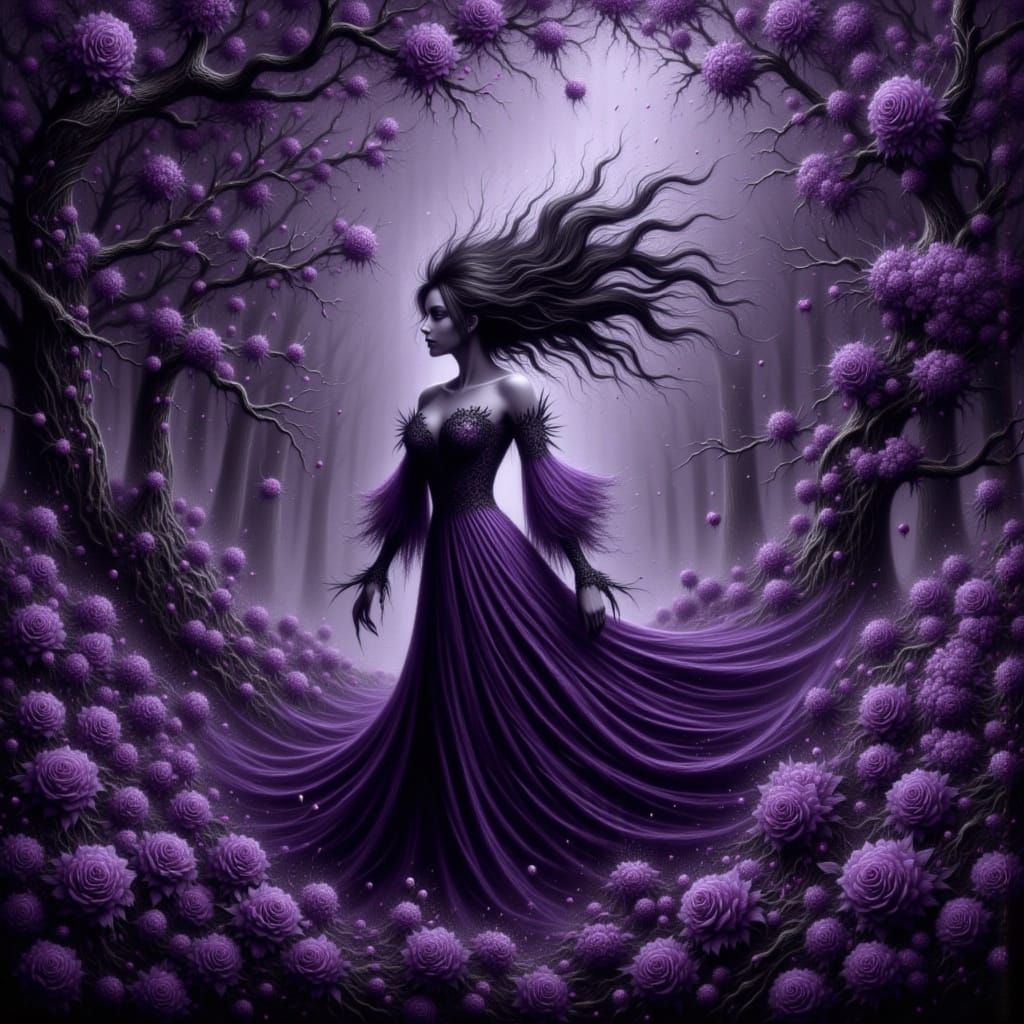 Gothic Woman in Ethereal Rose Landscape