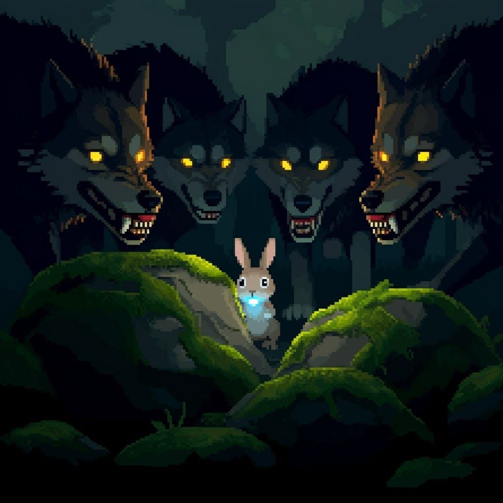 Brave Rabbit Hiding From Wolves: 8-bit Pixel Art