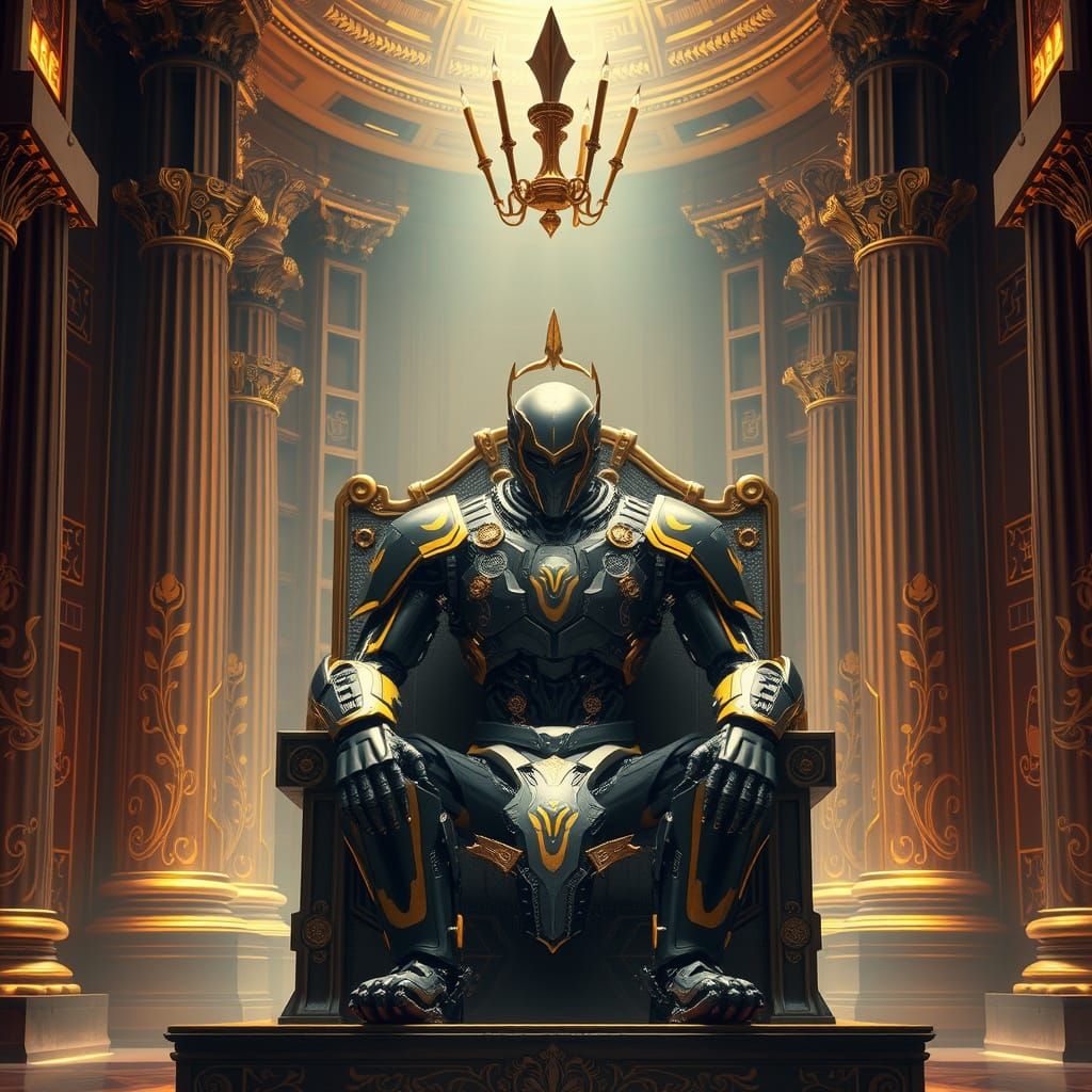 A powerful humanoid AI robot king sits on an ornate black and gold throne in a grand, futuristic palace. The robot has a...