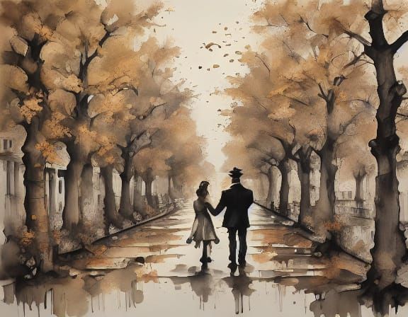 Couple Walking in Golden Autumn Park