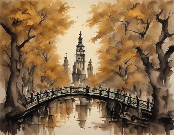 Whimsical Autumn Landscape Painting with Couple