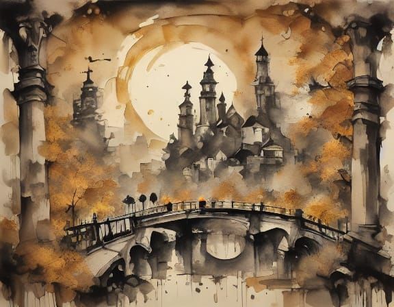 Whimsical Autumn Park Scene in Oil Painting Style