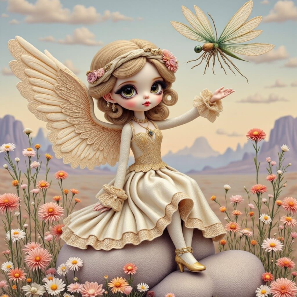 Angelic Doll Reaching for Dragonfly in Dreamy Landscape