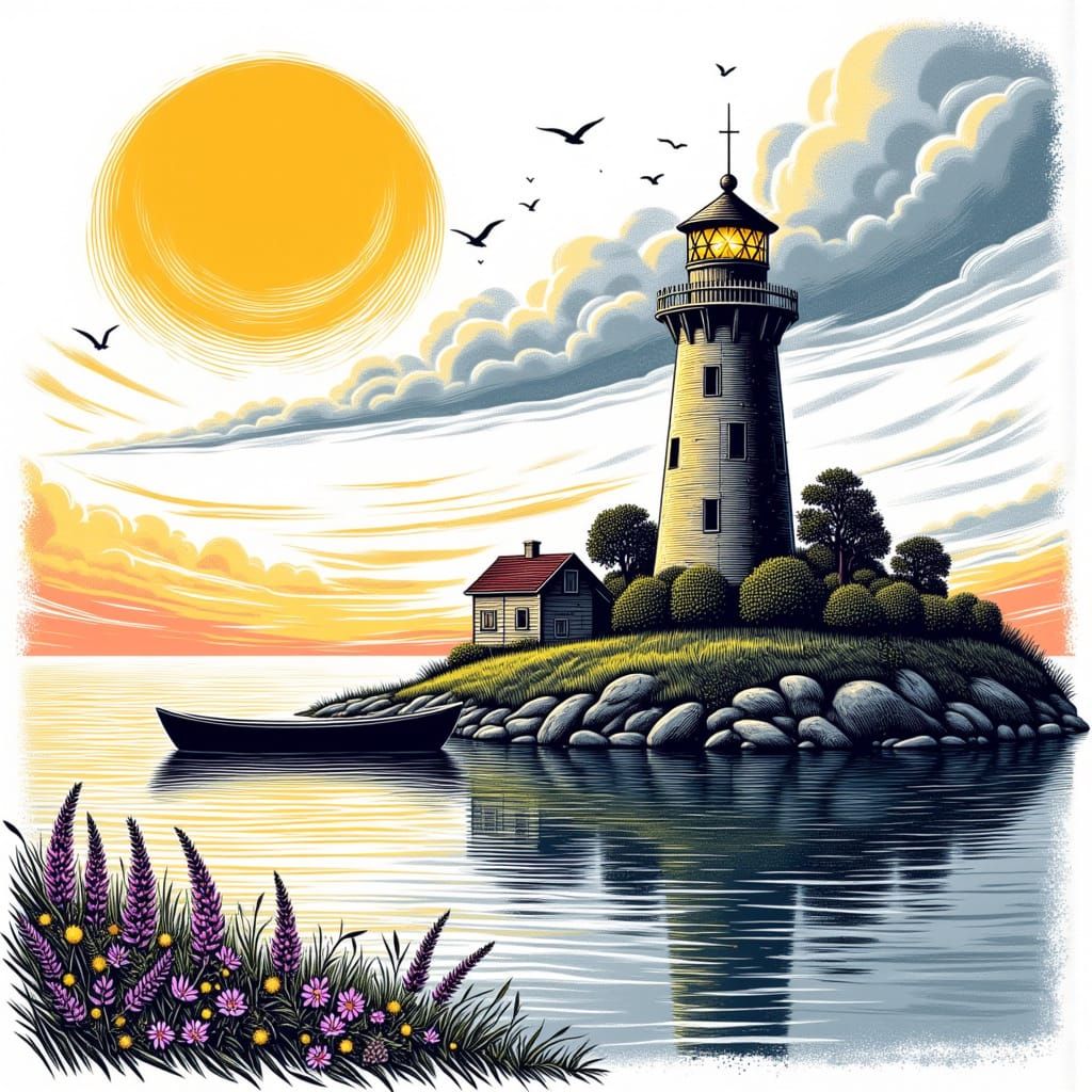 Serene Houseboat Drifts Away from Majestic Lighthouse in Dre...