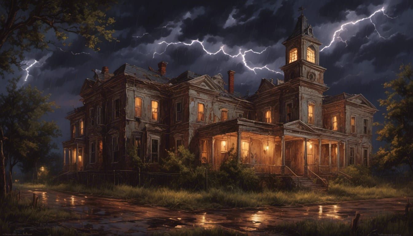 Old Asylum Illuminated by Lightning
