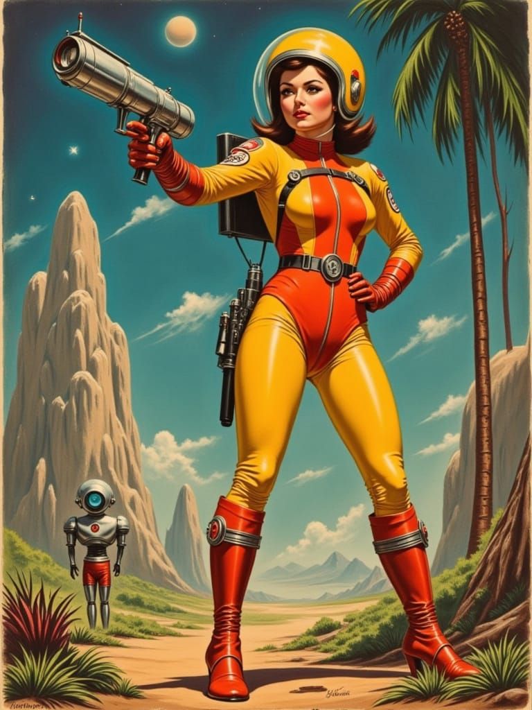 Retro-Futuristic Space Girl with Raygun on Alien Planet
