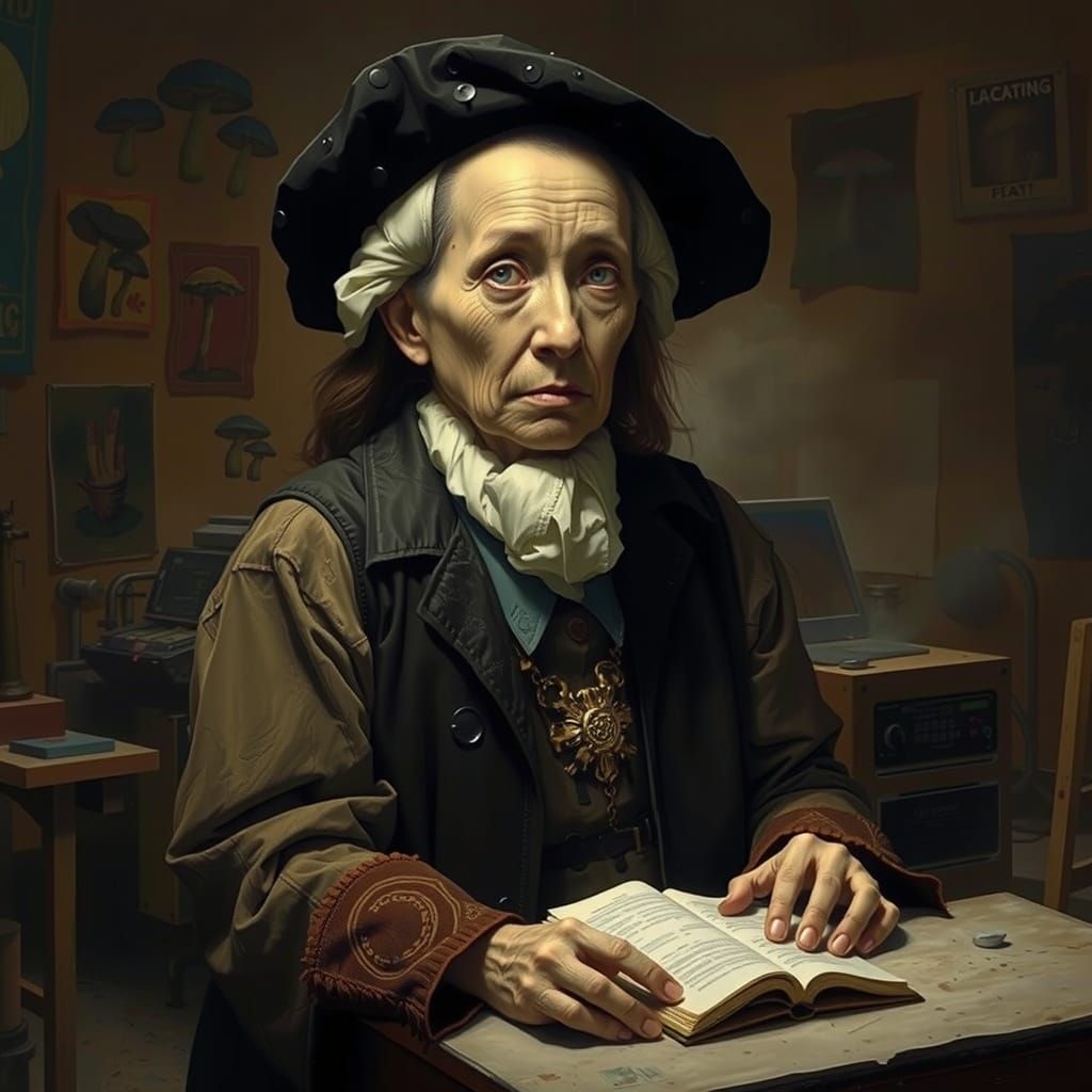 Surreal Mushroom Lab in Rembrandt-West-Barney-Munch Style