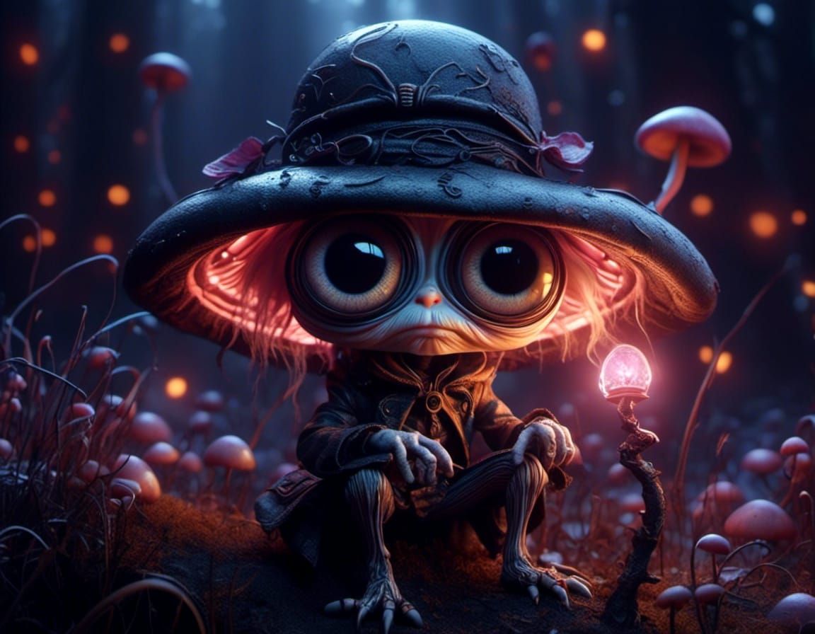 Neon Robot on Mushroom, Fantasycore Digital Art