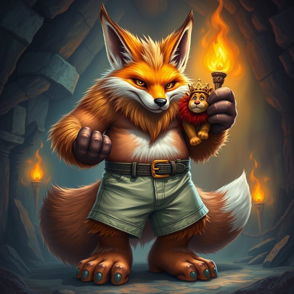 Whimsical Fox Holds Fluffy Lion King in Torchlit Dungeon