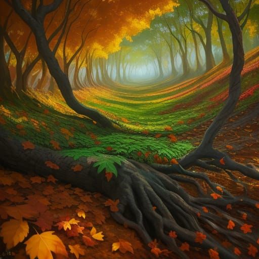 Surrealist Teddy Bear Lost in Forest, Oil Painting