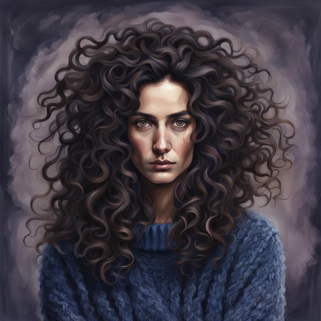 Beautiful Woman in Indigo Sweater, Surreal Portrait