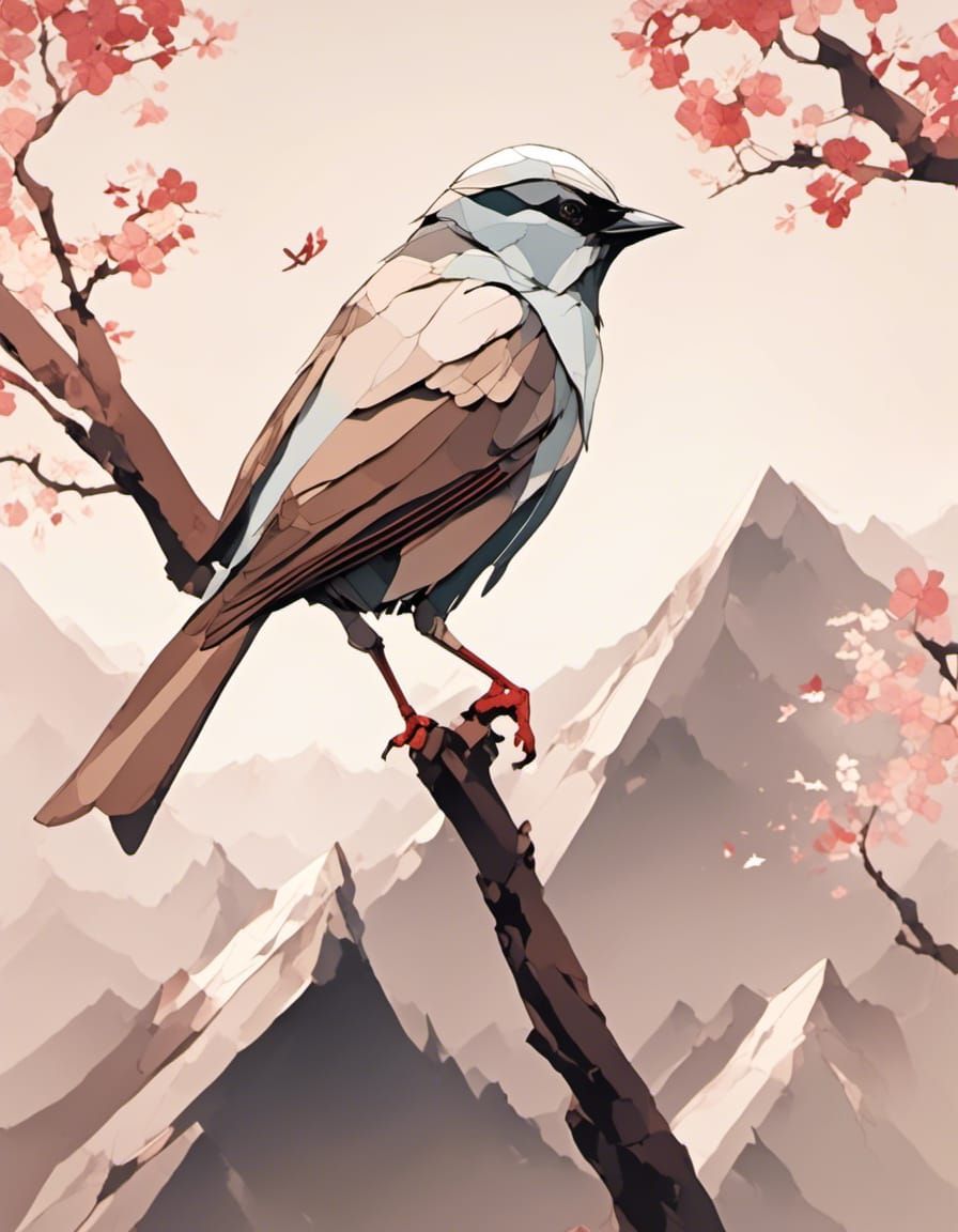 Sparrow on Sakura Branch in Japanese Origami Style