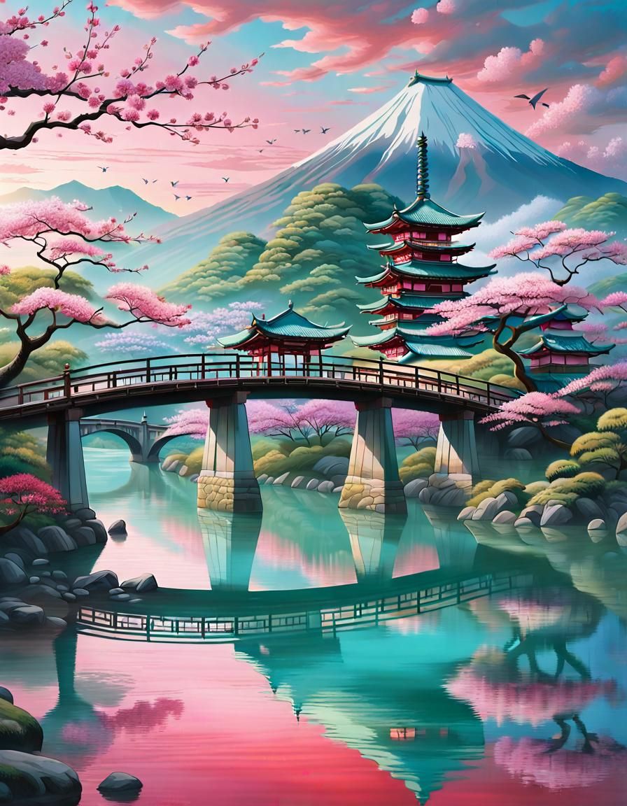 Japanese landscape with pagodas and a reflective and translu...