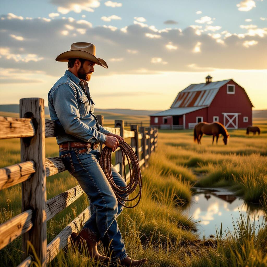 Cowboy at Golden Hour on Texas Ranch