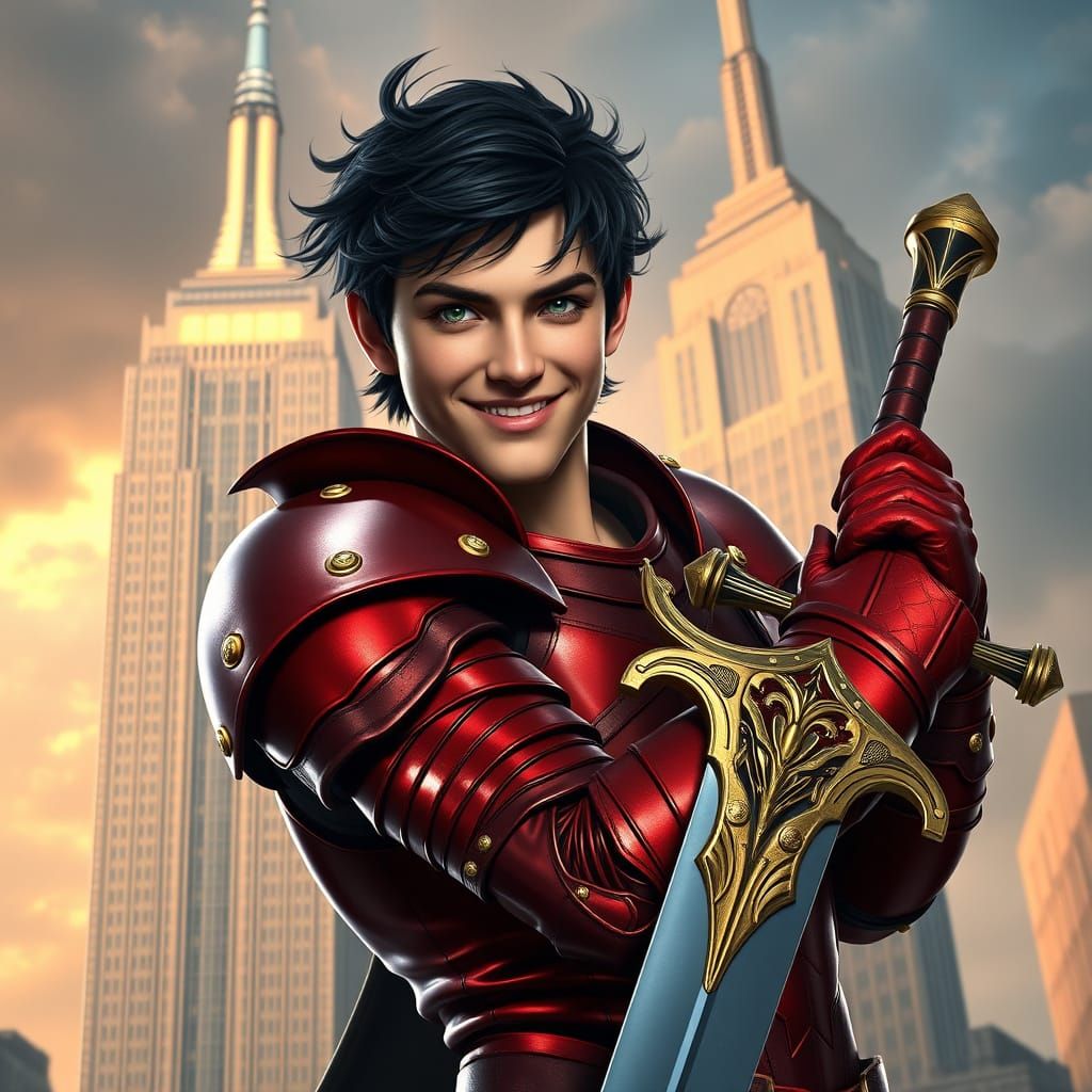 Sleek Percy Jackson in Crimson Armor Stands Heroically Again...