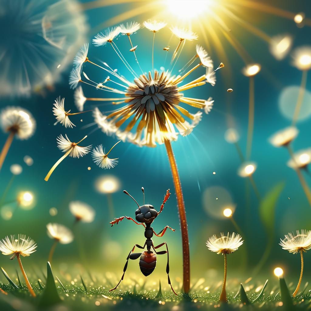 Depict a small ant holding on to a dandelion seed with one of its legs as it happily flies through the air, surrounded b...