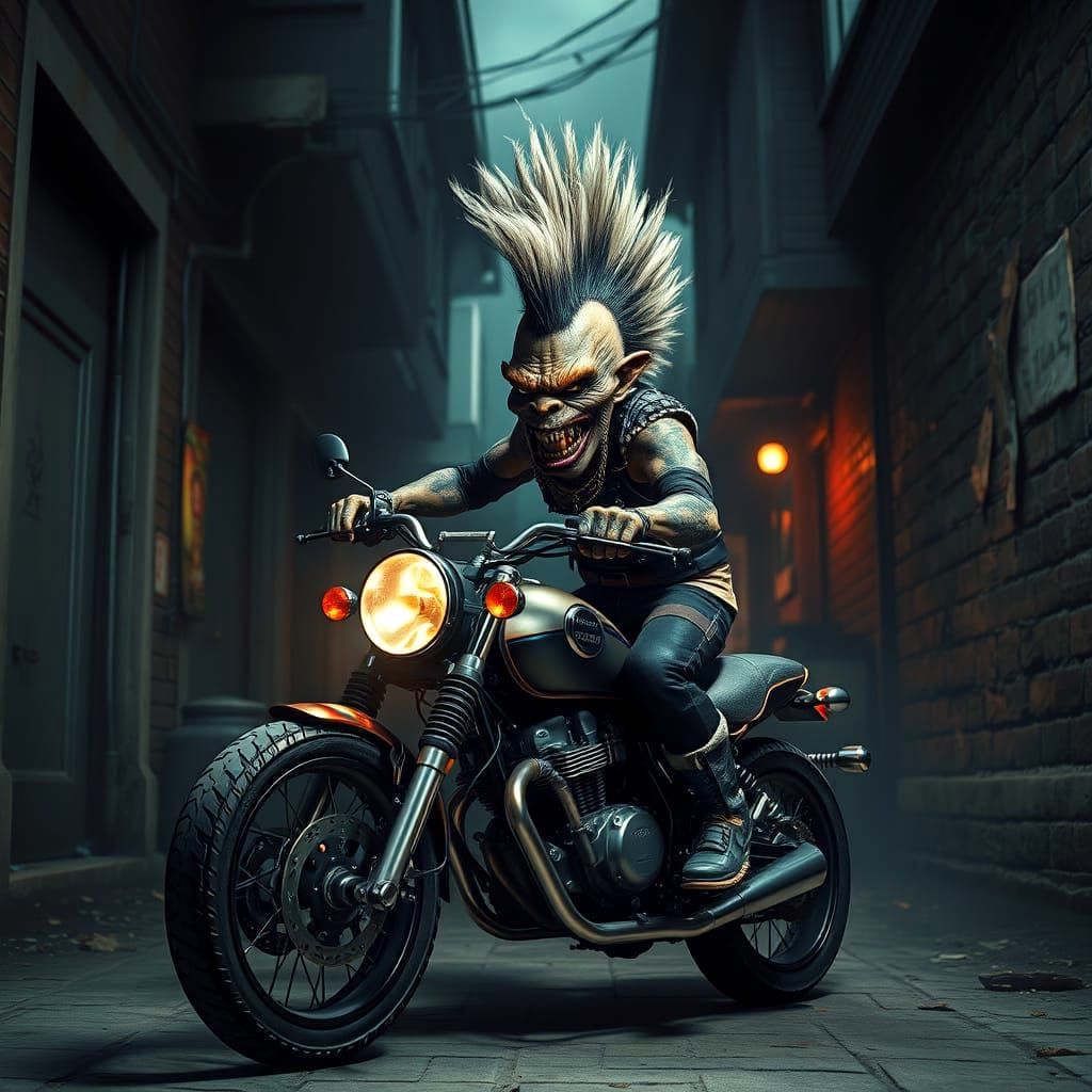 Punk Troll on Motorbike in Alley - Cinematic Digital Art