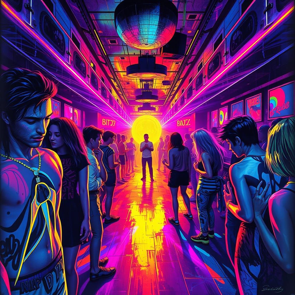 1980s Nightclub: Neon Geometric Designs in Street Art Style