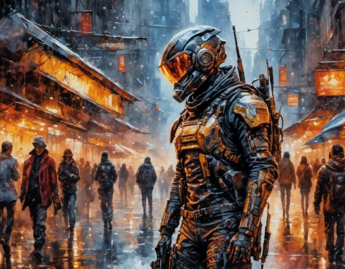 Cyborg Bounty Hunter in Watercolor Cyberpunk City