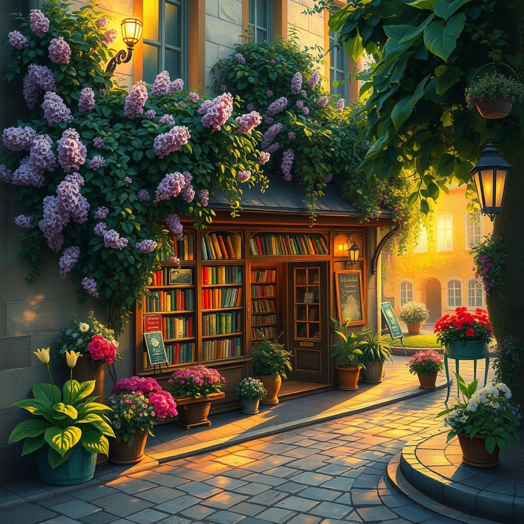 Charming Bookshop Scene in Art Nouveau Style