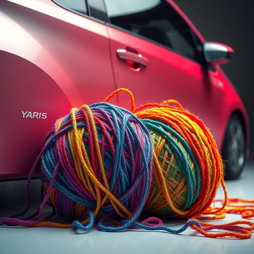 Yarn Threads Enveloping Toyota Yaris in Digital Art Style
