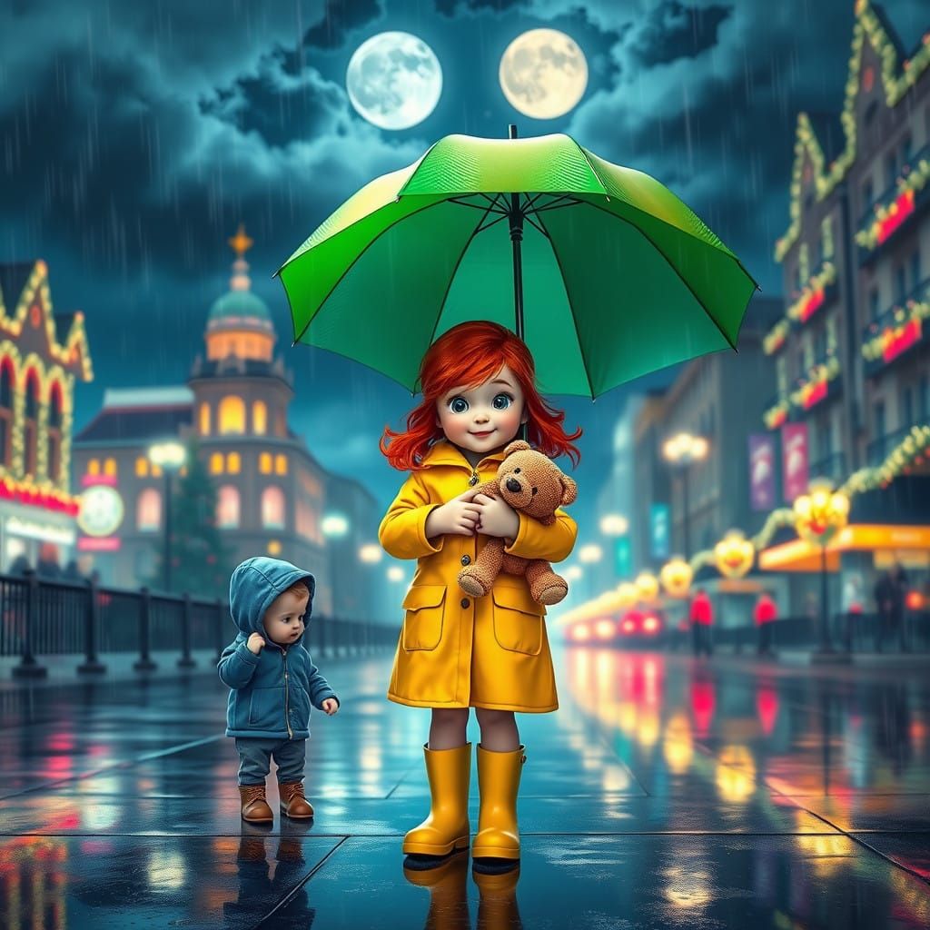 Little Red-Haired Girl on Magical Christmas Eve in a Mystica...