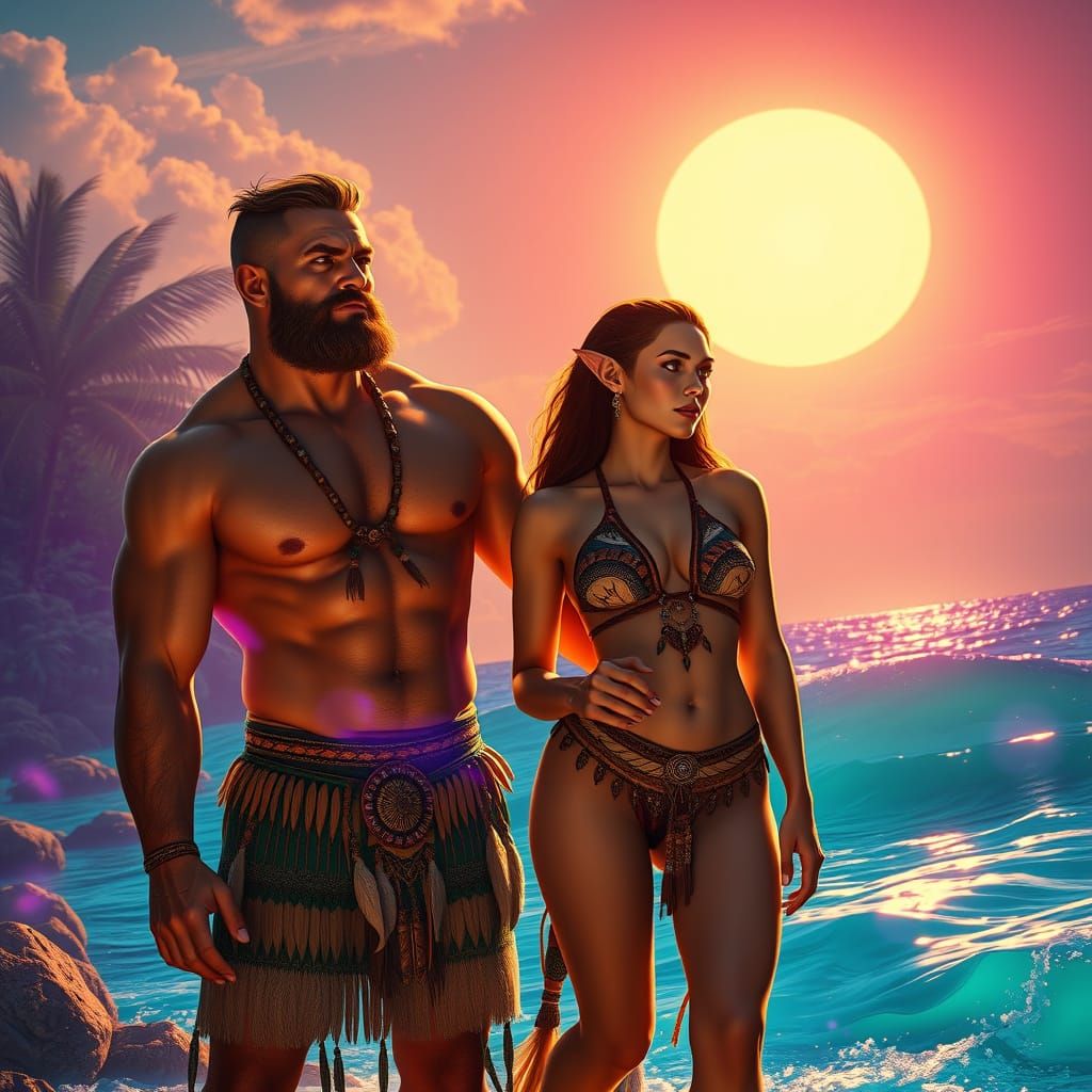 Tropical Island Paradise with Half-Orc, Half-Elf Couple