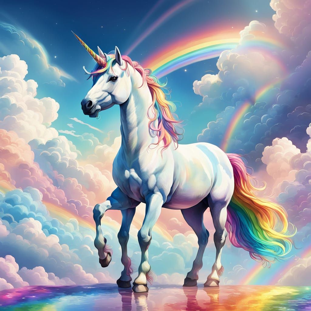 Majestic Unicorn Walks on Rainbow in Fantasy Art