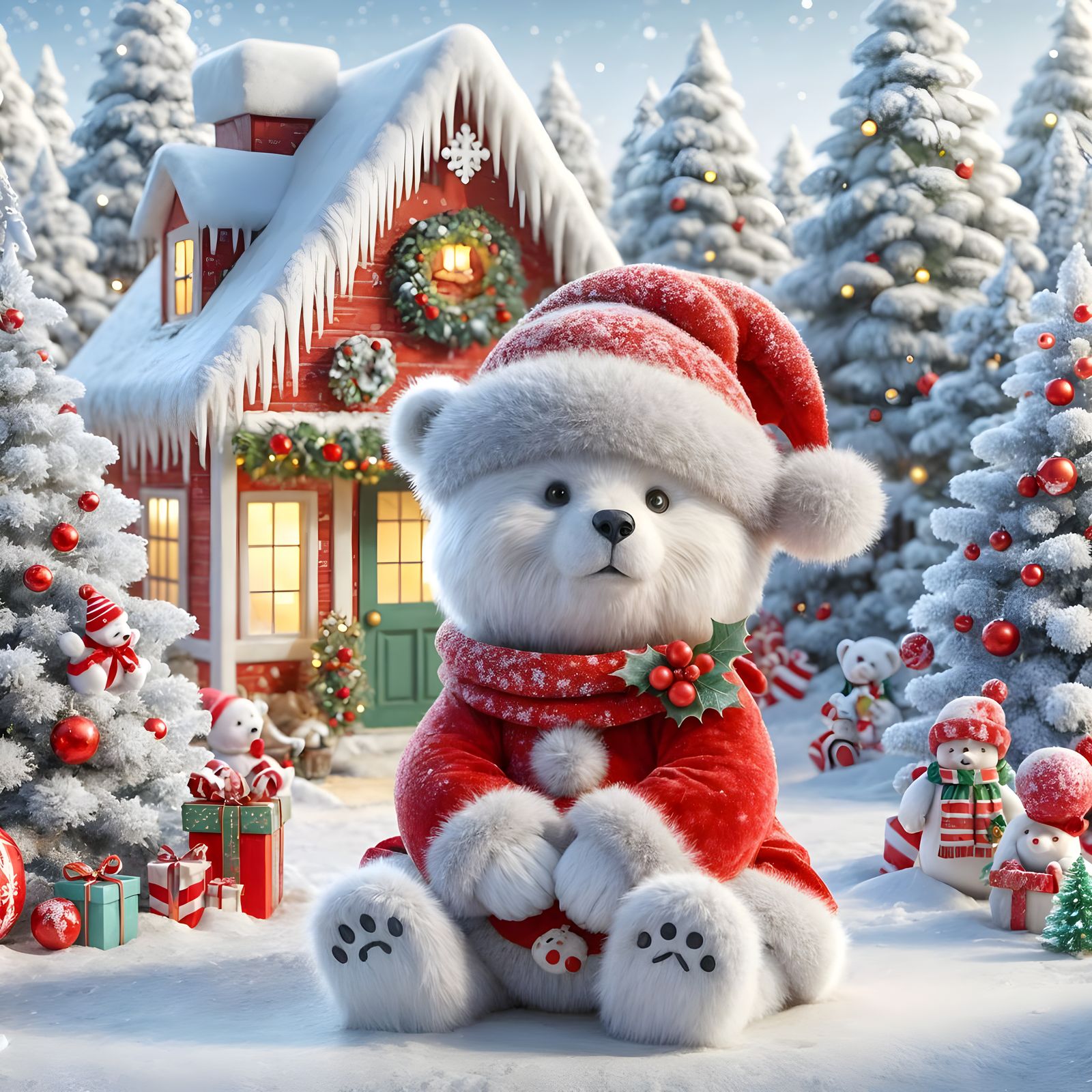 Polar Bear Santa Greets Arctic Christmas Cottage
