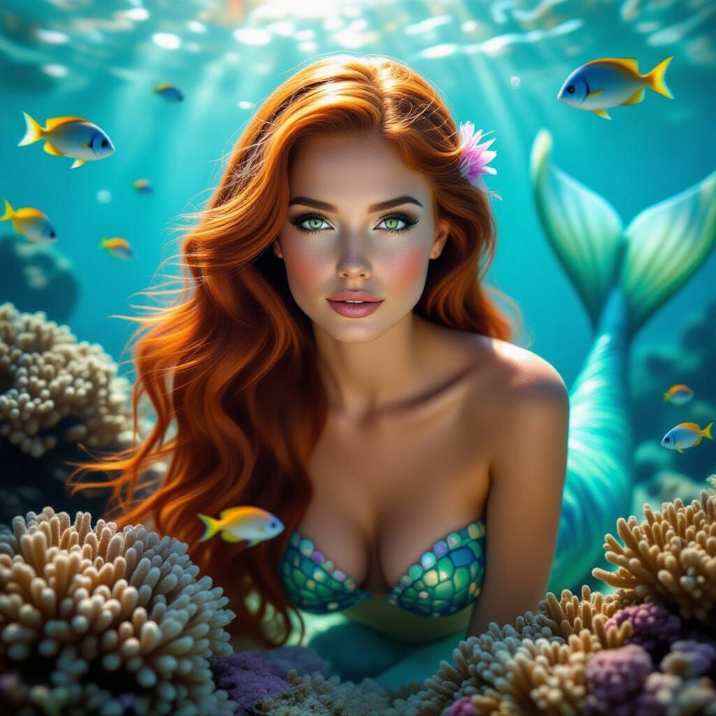 Beautiful Red-Haired Mermaid Gazes Over Coral Reef