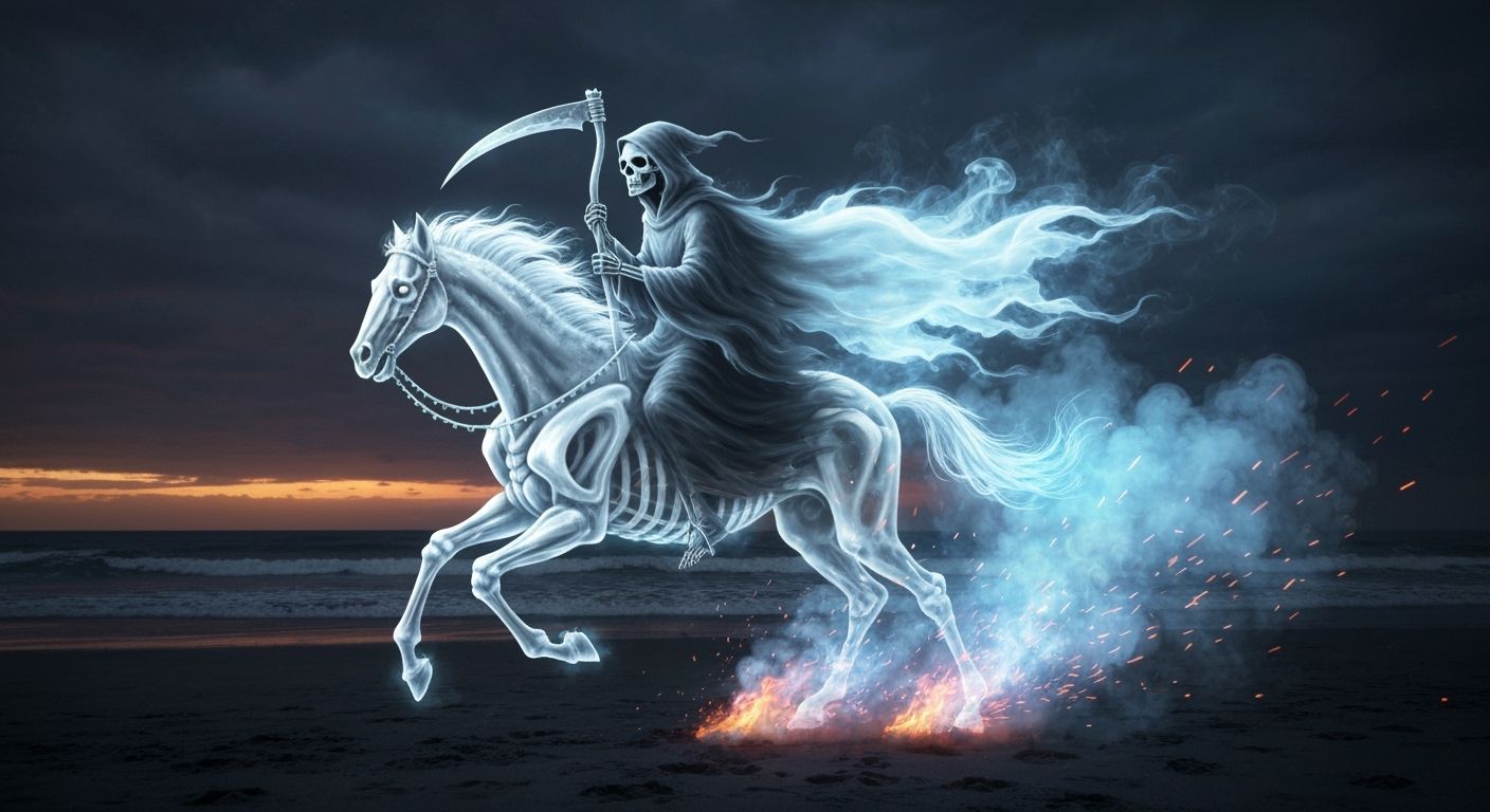 Grim Reaper Rides Skeletal Horse in Ethereal Smoke
