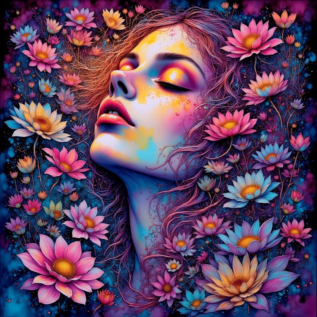 Psychedelic Woman in Swirling Vortex and Bioluminescent Flow...