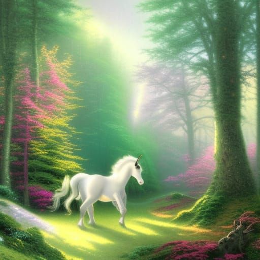Majestic White Unicorn in Ethereal Forest