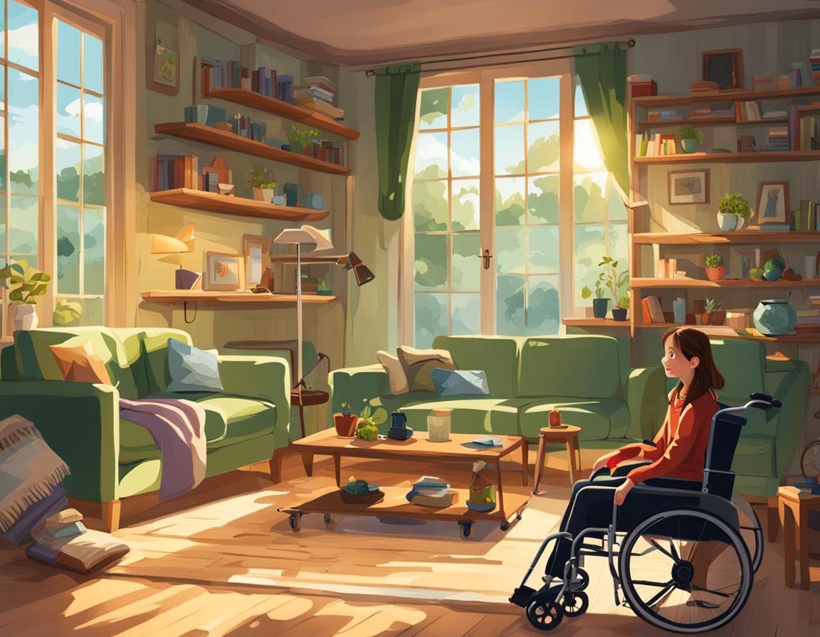 Bright-Eyed Girl in Wheelchair in Sunny Living Room