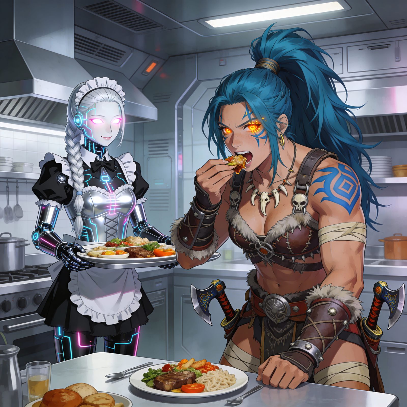 Anime Android Maid Serves Amazon Warrior Food
