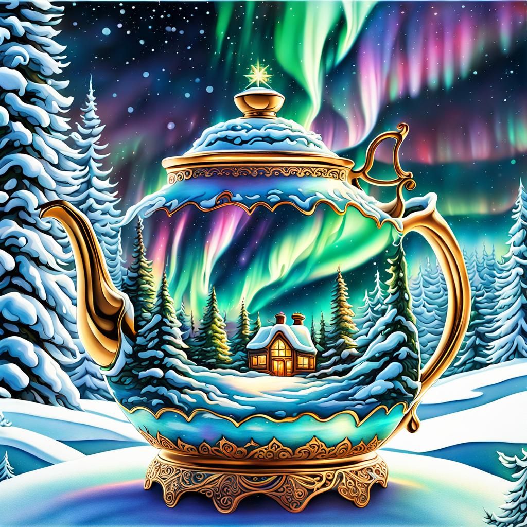 Ornate Teapot with Santa and Northern Lights