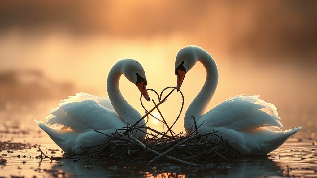 Romantic Swan Heart Nest in Misty Wetland
