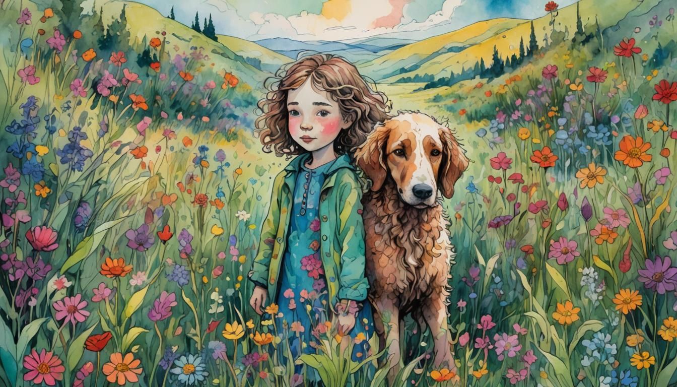 Girl and Dog in Psychedelic Watercolor Dreamscape