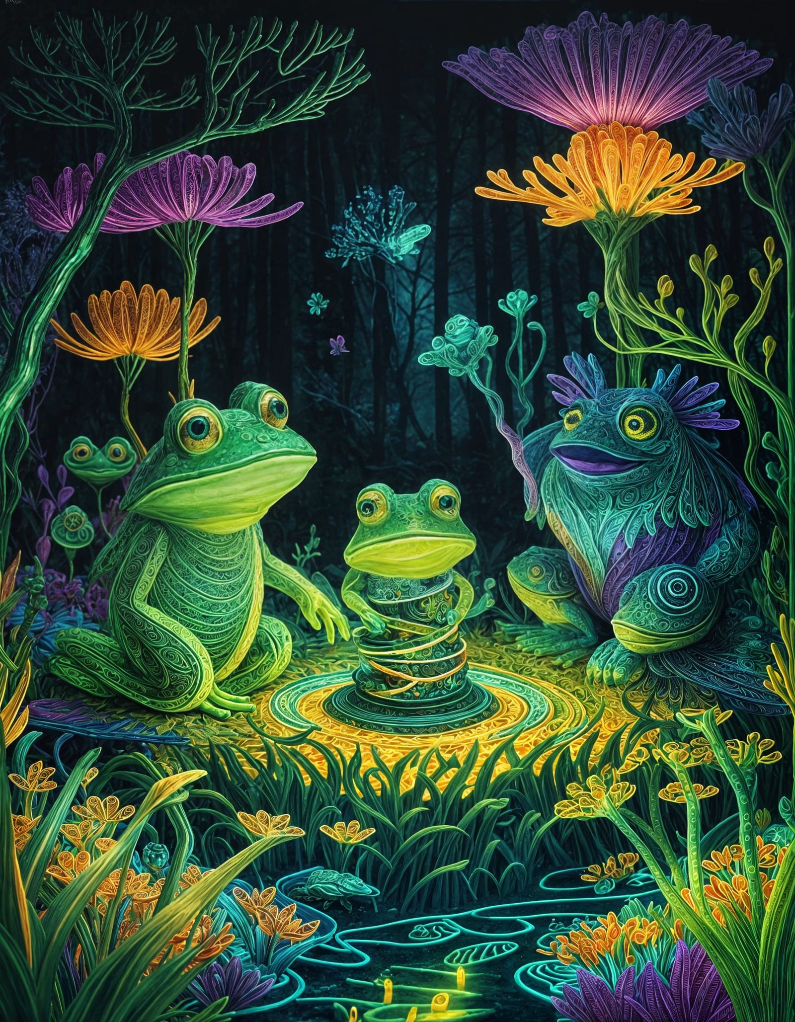 Bioluminescent Frog Forest: Quilled Paper Art
