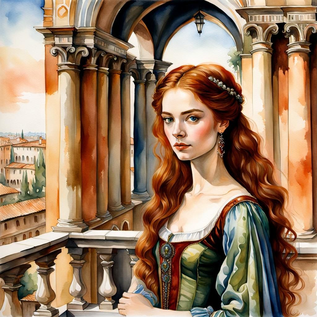 Russian Actress as Juliet in Verona: Watercolor Art