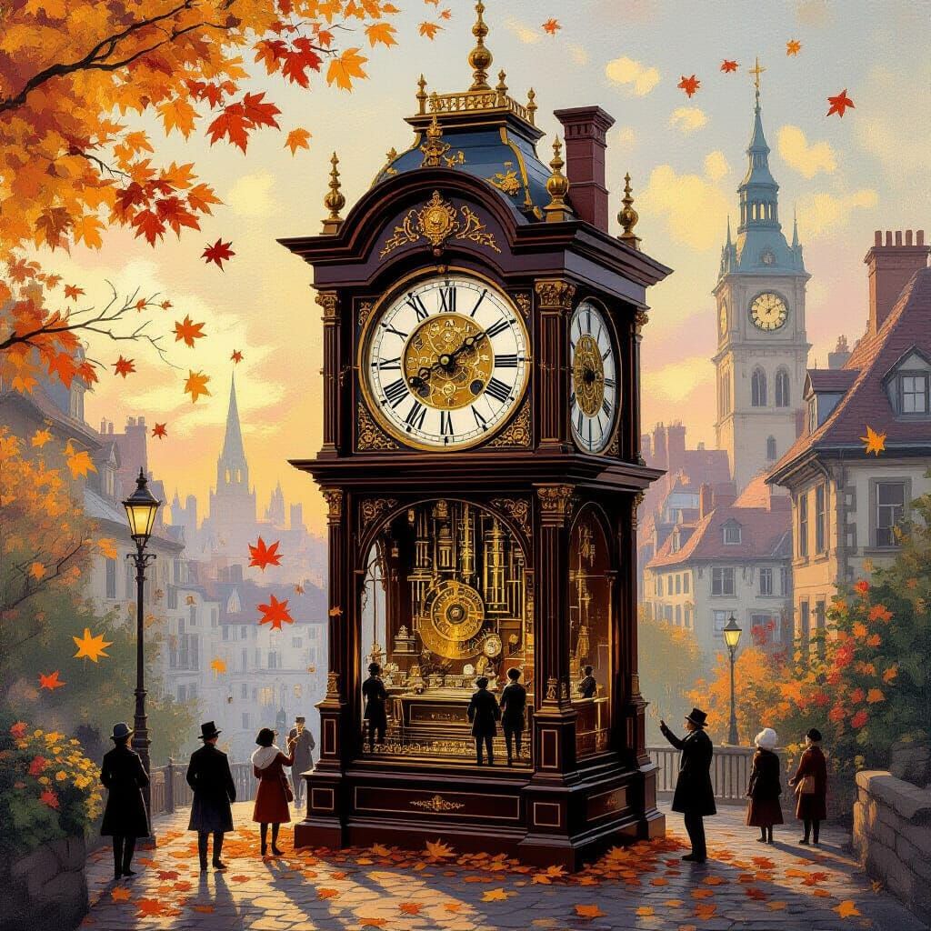 Miniature City Inside Clock: Impressionist Oil Painting